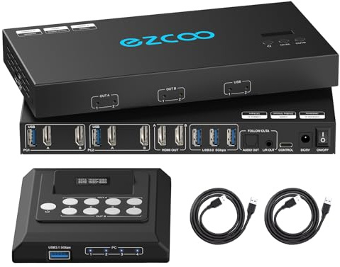 4K@60Hz HDMI KVM Switch USB 3.0 2 Monitors 2 Computers EDID Emulators,Dual Monitor KVM Switch for 2PC Share 2 Displays and 4 USB 3.0 Ports SPDIF L/R Audio,Copy/Extended Mode,2USB Cable and Controller.