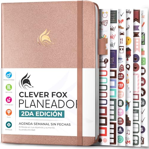 Clever Fox Planner 2 Edición en Español - Colorida Agenda de Objetivos Semanales y Mensuales, Organizadora de Tiempo, Sin Fecha A5 (Oro rosa)