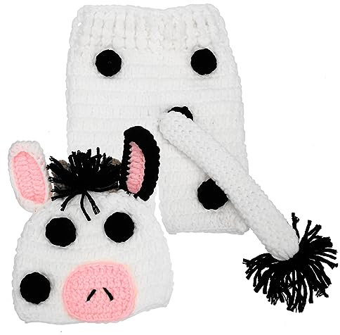 ARTIBETTER Neugeborenen-Baby-Artikel-Set Gestrickte Kuhmütze Hose Outfit Neugeborenen-Fotografie-Requisite Handgefertigt Elastisch Atmungsaktiv Für Geburtstagsfeiern