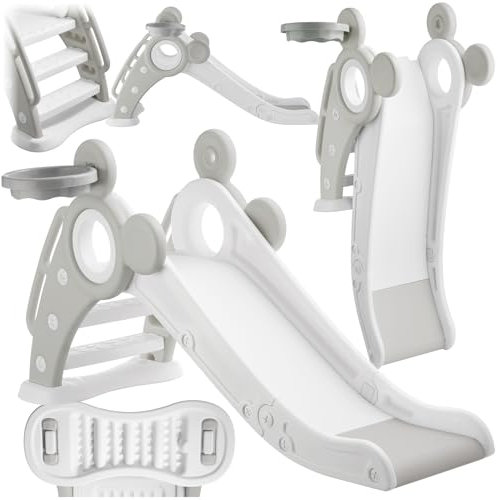 tectake® Rutsche mit Basketballkorb, Kinderrutsche, Baby Rutsche klappbar, für Kinder ab 2 Jahre, Spielgeräte zum Klettern und Bewegung Kinder Indoor und Outdoor Spielzeug, Indoor Spielplatz - grau