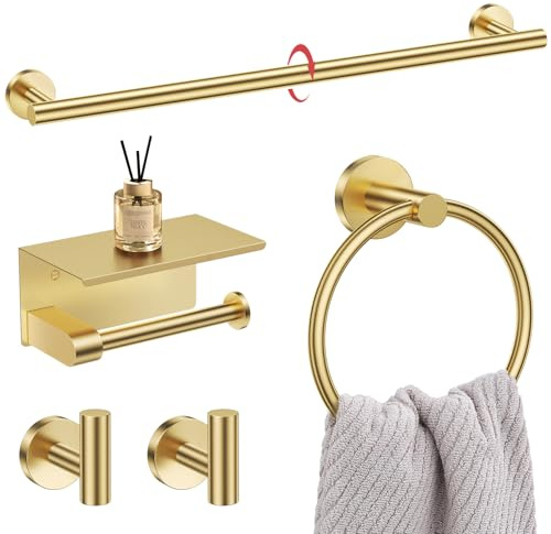 Juego de 5 toalleros de baño de Oro Cepillado, Soporte de Papel higiénico Mejorado con Estante para Toallas, Juego de Accesorios para baño, de Acero Inoxidable, montado en la Pared