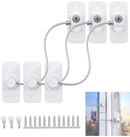 3Pcs Window Safety Lock, Child & Cat Proof Window Restrictor, No Drill Self-Adhesive or Screw Installation with Keys, Versatile Window Locks for Fridge, Cabinets & Pet-Proof Windows