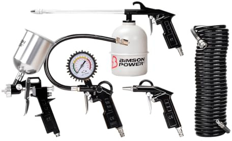 Bimson Power Gravity Spray Gun Kit – 5 Piece Air Tool Set with Tyre Inflator, Air Blow Wand, Wash Gun & 5m Hose – Compatible with Compressors – Ideal for Car, Fence, Decking, DIY & Workshop