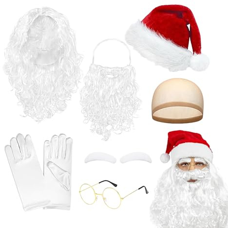 Fierudeng Barbe Et Bonnet De Père Noël Pour Adultes | Accessoires De Costume Cosplay Pour Soirée De Noël,Postiche Complet Avec Barbe Perruque Chapeau Lunettes Gants Filet à Cheveux Pour Femmes Hommes