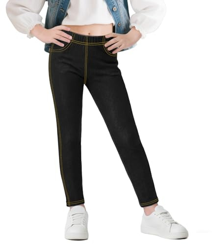 Baogaier Leggings för flickor, jeansoptik, barn, grundläggande stil, elastiska jeggings, andas, mjuka långa byxor med fickor, ogenomskinliga vardagsbyxor, vardagskläder, storlek 116–158, svart, 116