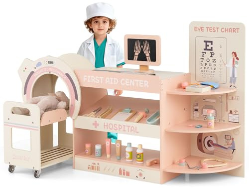 COSTWAY Holz Doktor Spielset, Krankenhaus Rollenspiel mit Sehtafel, Stethoskop, CT-Gerät, austauschbaren Filmen & medizinischen Zubehör, Arzt Set, Medizinisches Zentrum für Kinder ab 3 Jahren (Rosa)