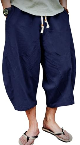EKLENTSON Mens 3/4 Length Shorts Summer Cotton Linen Shorts | three quarter length,below knee,lightweight,elastic waist,loose fit,capri pants,baggy long shorts,beach,casual