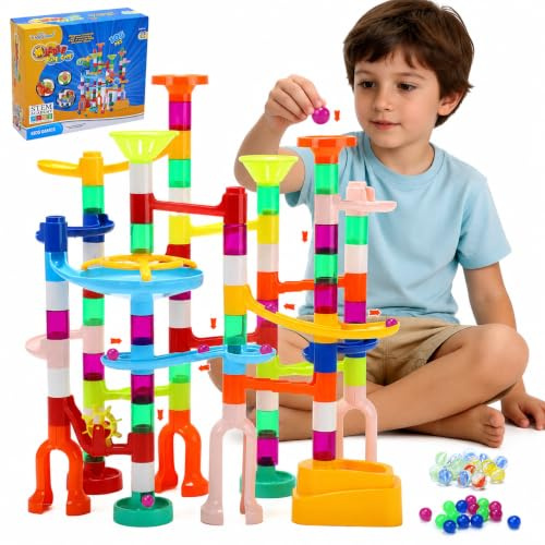 EagleStone Circuit à Billes 105 Pièces, Jeu de Construction STEM Modulable | avec Billes en Verre et Plastique, Labyrinthe 3D Modulable, Jeu Familial, Cadeau d'Anniversaire et de Noël, Enfants 3-12 Ans