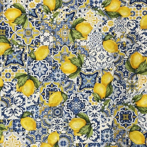 Tessuto Loneta di Cotone Fantasia Limoni Floreale, Stoffa Stampata per Arredo Casa Tovaglie Cuscini Tendaggi H 280 CM (Limoni di Vietri Blu, Metro 100x280 cm)
