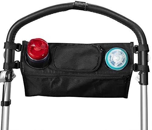 Jazooli Buggy Pram Bag Organiser Baby Pushchair Stroller Storage Cup Holder Travel Bag Pouch Pocket Drinks Cup Bottle Holder, Universal Fit, 36cm x 13cm x 12cm (Black)