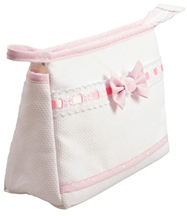Filet - Trousse da viaggio in cotone con interno impermeabile | Chiusura con cerniera | Tela aida ricamabile all'esterno | Dim 24x16x6cm | Colore Bianco e Rosa