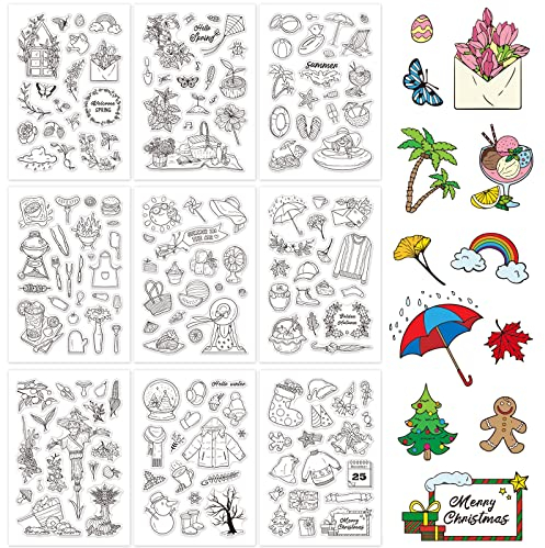 GLOBLELAND 9 Blatt Saison Thema Klare Stempel Frühling Sommer Herbst Winter Silikonstempel für Kartenherstellung Dekoration und DIY Scrapbooking