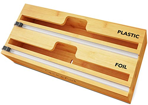 SpaceAid WrapNeat 2 in 1 Wrap Organizer with Cutter and Labels, Plastic Wrap, Aluminum Foil and Wax Bamboo Dispenser for Kitchen Storage Organization Holder for 12 Roll (Natural)