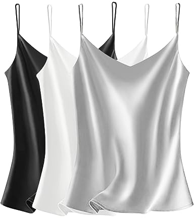 VIDUSSA Womens Silky Satin Vest Tops Pack V Neck Spaghetti Strap Loose Sleeveless Cami Tank Shirt Blouses 3 Pack Black+White+Grey S