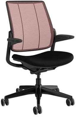 Humanscale Diffrient Smart Home Office Desk Chair, Fixed Arms, Black Frame and Seat Fabric, Crimson Pinstripe Back Mesh with Hard Floor Casters