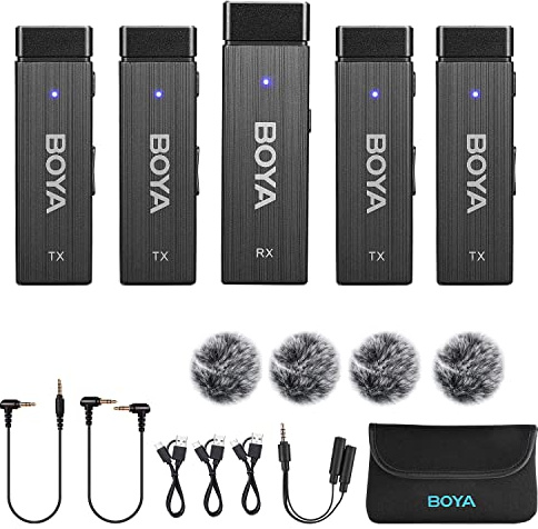 BOYA By-W4 2.4G Wireless Lavalier Microphone System with 4 Transmitters and a Receiver for Digital SLR Camera Camcorder Smartphones Interview Vlog Video Youtube