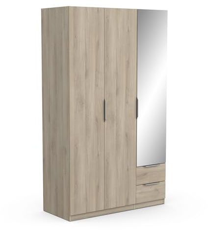 Demeyere 391391 Armadietto Guardaroba con Specchio e Armadio Moderno a 3 Ante 2 Cassetti 4 Nicchie, Colore Rovere Kronberg, 119.4 x 51.1 x 203 cm, Legno Ingegnerizzato, Grigio