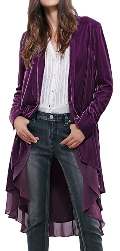R.Vivimos Autumn Winter Women Velvet Ruffle Coat Casual Vintage Long Jacket Collarless Classic Swallowtail Hem Blazer(XLarge,Purple)