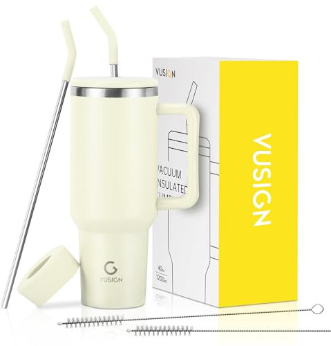 VUSIGN Trinkbecher mit Griff und Strohhalm-Deckel, Edelstahl, vakuumisoliert, Reisebecher, Wasserflasche für Wasser, Eistee, Kaffee, Smoothie, Auto, Cremefarben