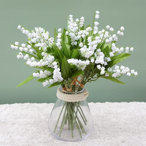 Xshelley 18 Pcs Artificial Lily of The Valley Faux White Bell Flowers Wind Chime Orchid Wedding Bouquet, Lily of The Valley Plant, May Flower for Home Garden Wedding Party