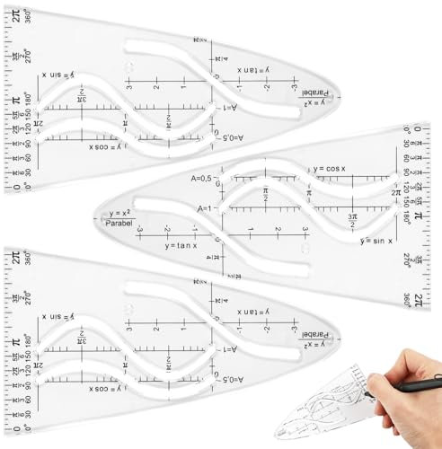 Parabelschablone Mathe, 3 Stück Parabelschablone, Kurvenschablone, Parabel mit Sinus/Kosinus, Multifunktionales Parabel Lineal, Normalparabel Schablone für Studenten Designer Gestalten Zeichnen