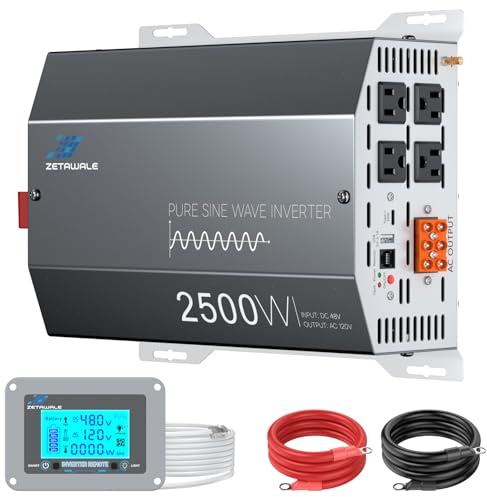 2500W Pure Sine Wave Inverter 48V DC to 110V/120V AC Converter, 5000W Peak, High-Efficiency Off-Grid Solar Power Inverter, 4 AC Outlets, USB & Type-C, LCD Remote Control