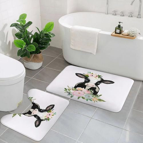 EMCLKS Badezimmermatten 2 Stück rutschfeste Badematte Teppiche, Badezimmer-Garnitur,U-förmiger Teppich,Kuh mit Blumen, Rosen und Beeren - Aquarellillustration isoliert auf weißem Hinte,Waschbar Matte