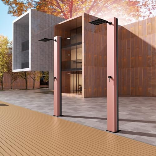 IMEX - Ducha Piscina Exterior Acero S.316 | Ducha Terraza Exterior con Deposito de 38,8 Litros | Outdoor Shower Jardin con Alcachofa Cuadrada Efecto Lluvia | Agua Fría y Caliente | Color Rosa Coral