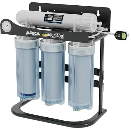ARKA myAQUA 400 Umkehrosmoseanlage - bis zu 400 L/Tag - inkl. Druckerhöhungspumpe - Wasserfilter & Enthärtungsanlage, entfernt bis zu 99% Salze, Schadstoffe & Bakterien - Für Aquarien & Haushalt