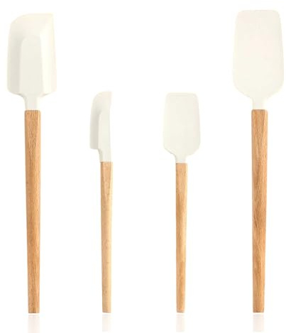 HASLED Lot de 4 Spatules Silicone avec Manche en Bois de Hêtre - 4 Tailles Coudées pour Pâtisserie, Confiture, Mixeur et Verres