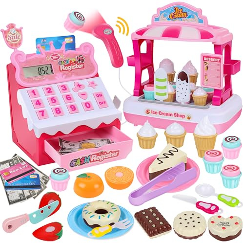 Charmofun 48 PCS Eisdiele Spielzeug für Kinder mit Kasse - inkl. 48 Zubehör (15 Eiscreme, 5 Kuchen, 7 Besteck, Spielgeld usw.), Kasse Kaufladen zum Rollenspielen, Spielkasse für Kinder ab 3+