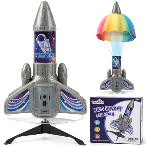 Dreamon Rocket Launcher for Kids with Parachute LED Light, Toy Rocket Space Theme Rechargeable Self-Launching Outdoor Garden Toys for 3 4 5 6 7 8 9 10 Years Old Boys Girls
