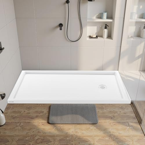 Shower Pan, 60″ L x 30″ W Single Threshold Shower Base, Rectangle Acrylic & PVC Showering Base in White, Slip-Resistant Showering Pan Bases with Drain & Cover for Bathroom, Right Drain Location