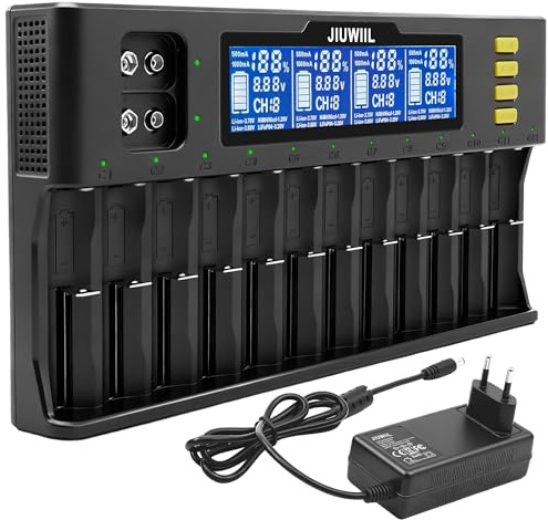 Caricabatterie 18650, JIUWIIL 12+2 slot Caricabatterie universale a ricarica rapida con display LCD per batterie ricaricabili Li-ion LiFePO4 RCR123 18650 26650 10440 14500 & 9V