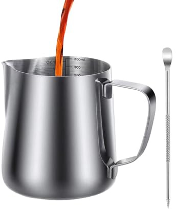 XUQEAYWD Jarra Espumadora - Jarra de Acero Inoxidable para Espumar Leche con Bolígrafo para Latte Art | 350 ml Apto para Lavavajillas para Cappuccino Vapor y Vertido, Vaporizador Capuchino