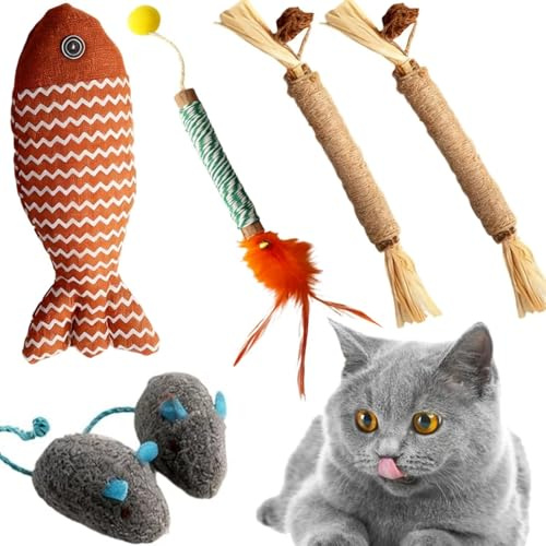 Fampery 6-Pack Catnip Toy - 3 Silvervine Chew Sticks for Cats, 2 Cat Mice Toy and 1 Fish - Catnip Toys for Indoor Cats Kitty Teeth Grinding Chew Interactive