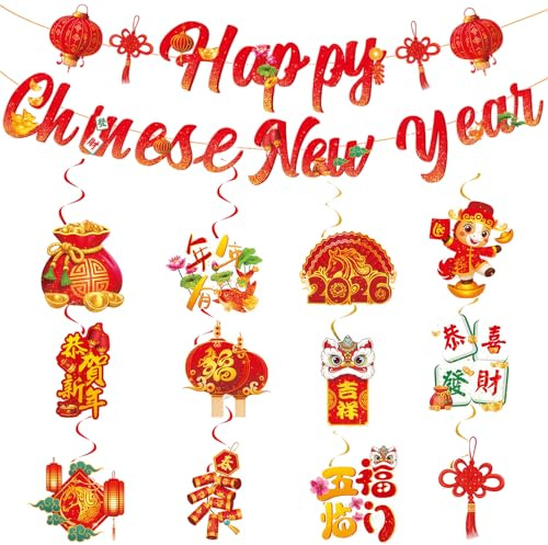 Chinese New Year Decorations 2026,Home Lunar Horse Happy New Years Party Hanging Crafts Swirls Bunting Banner Decoration Set Festive Cny Lantern Pendant Dcoration for Gate Wall Window Decor(Red)