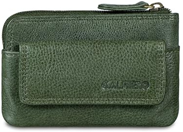 Calfnero Genuine Leather Key Wallet for Men & Women Compact Zip Wallet with Coin Pocket, Card Holder & Dual Keychain Rings Slim Multipurpose Leather Organizer (Green)
