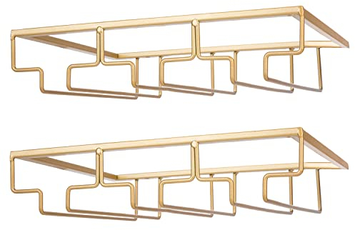 FOMANSH Soporte para copas de vino, para debajo del mueble, organizador de metal para bar o cocina, 2 unidades, Dorado