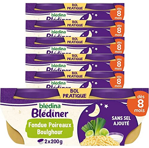 Blédina - Blediner - 12 bols - Fondue de Poireaux et Boulghour - Pour le Diner de bébé dès 8 Mois - Pack de 6x2