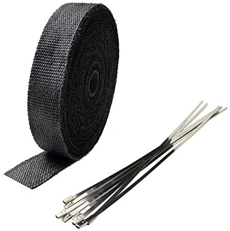 ETOPARS 2.5CM X 5M Fiberglas Schwarz Hitzeschutzband Auspuffband Auspuff Hitze Wickel Schild Hülle Auto Motorrad Krümmerband mit 6 Pcs Kabelbinder