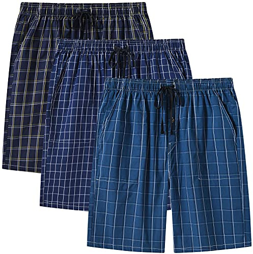 MoFiz Homme Bas de Pyjama Coton Shorts de Salon à Carreaux Léger Vêtements de Nuit Pantalons Courts avec Poches 3 Pack-26E XL