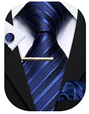 Barry.Wang Herren Seiden-Geschäftskrawatten mit Taschentuch Manschettenknopf-Streifen Plaid-Krawatten-Set Feierliche Hochzeit