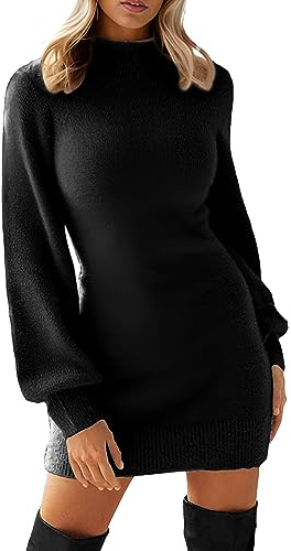 GRECERELLE Womens Jumper Dress Winter Mock Neck Long Sleeve Bodycon Knit Pullover Jumpers Ladies Mini Sweater Dresses