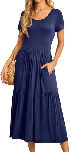 GRECERELLE Womens Summer Maxi Dress Casual Short Sleeve Crew Neck Swing Flowy Tiered Party Dresses with Pockets for Weddings, Holidays