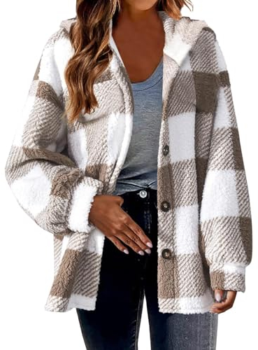 EMATOP Teddy Fleece Mantel Damen Karierte Kapuzenjacke Flauschig Warm Winterjacke Lose Sport Plüschjacke Langarm Elegant Sweatshirt Jacke mit Kapuze Sportjacke Herbst Winter Hoodie Hemdjacke