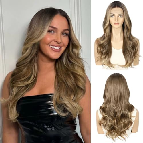 Sapphirewigs Brun Spets Främre Peruk 33 x 4 Syntetisk Kropp Våg 50 cm - Förplockad för Daglig Användning, Fest, Datum, Jul