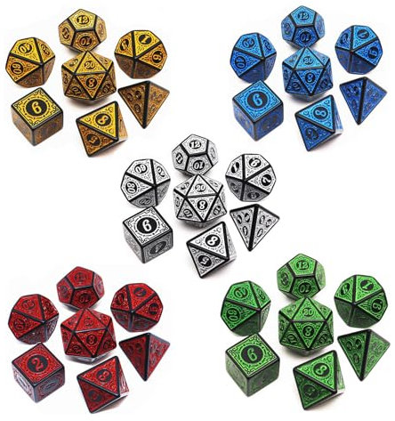 Polyhedral DND Würfelset, 5er Pack Würfelsets passend für Dungeons and Dragons D&D RPG Spiele 7-Würfel Polyhedral Würfel mit Vintage-Muster (35Pcs)