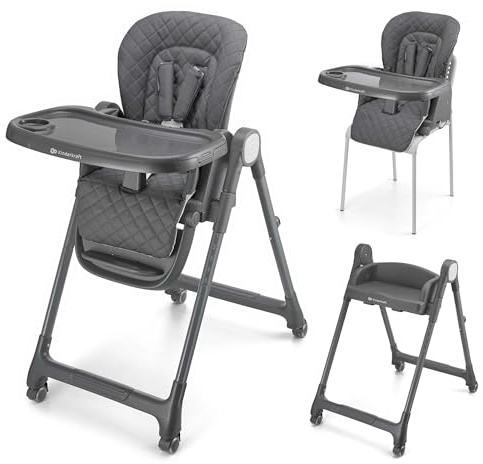 Kinderkraft TULO Chaise haute pour bébé, Ergonomique, Confortable, Pliable, Avec Repose-Pieds Réglable en Hauteur, Double Plateau Amovible Pour les Tout-Petits de 6 mois à 5 ans, Gris
