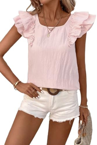 Women's 2025 Summer Top Ruffle Butterfly Sleeve Square Neck Bow Knot Textured Shirt Casual Blouses Pink